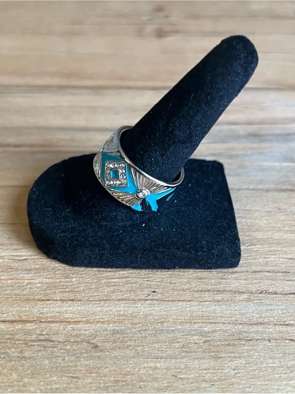 Silver Tone Turquoise Enamel Wide Band Ring size 7.5
